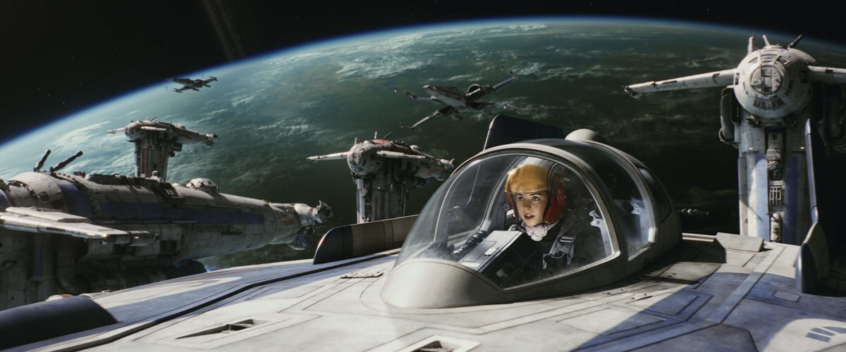 Tallie Lintra piloting an A-Wing starfighter during the evacuation of D'Qar