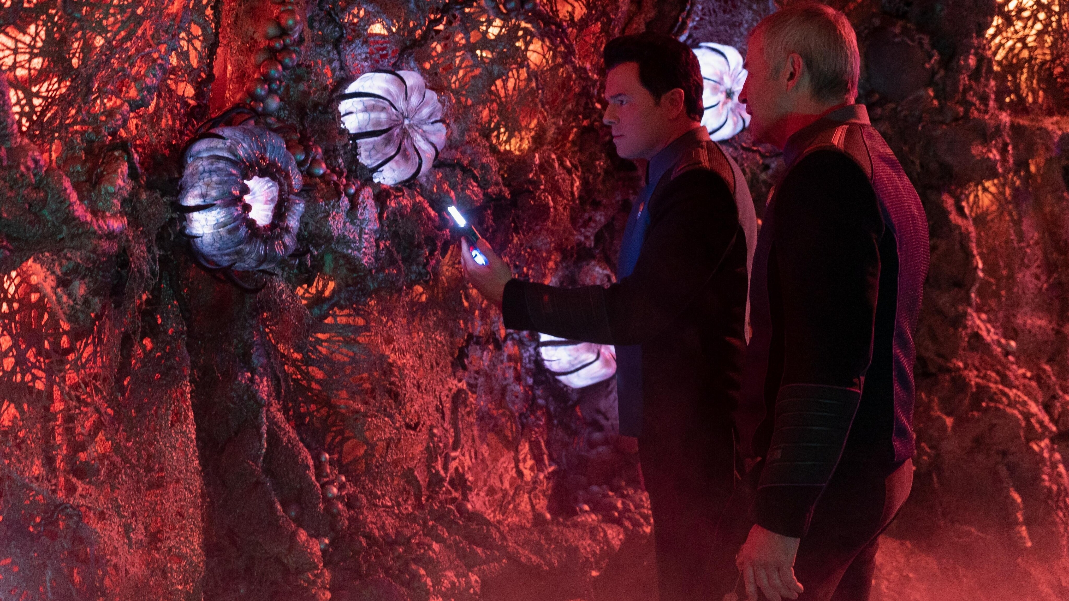 The Orville: New Horizons -- “Shadow Realms” - Episode 302 -- The Orville crew embarks on a mission to explore a dangerous region of Krill space. Capt. Ed Mercer (Seth MacFarlane) and Admiral Christie (James Read), shown. (Photo by: Kevin Estrada/Hulu)
