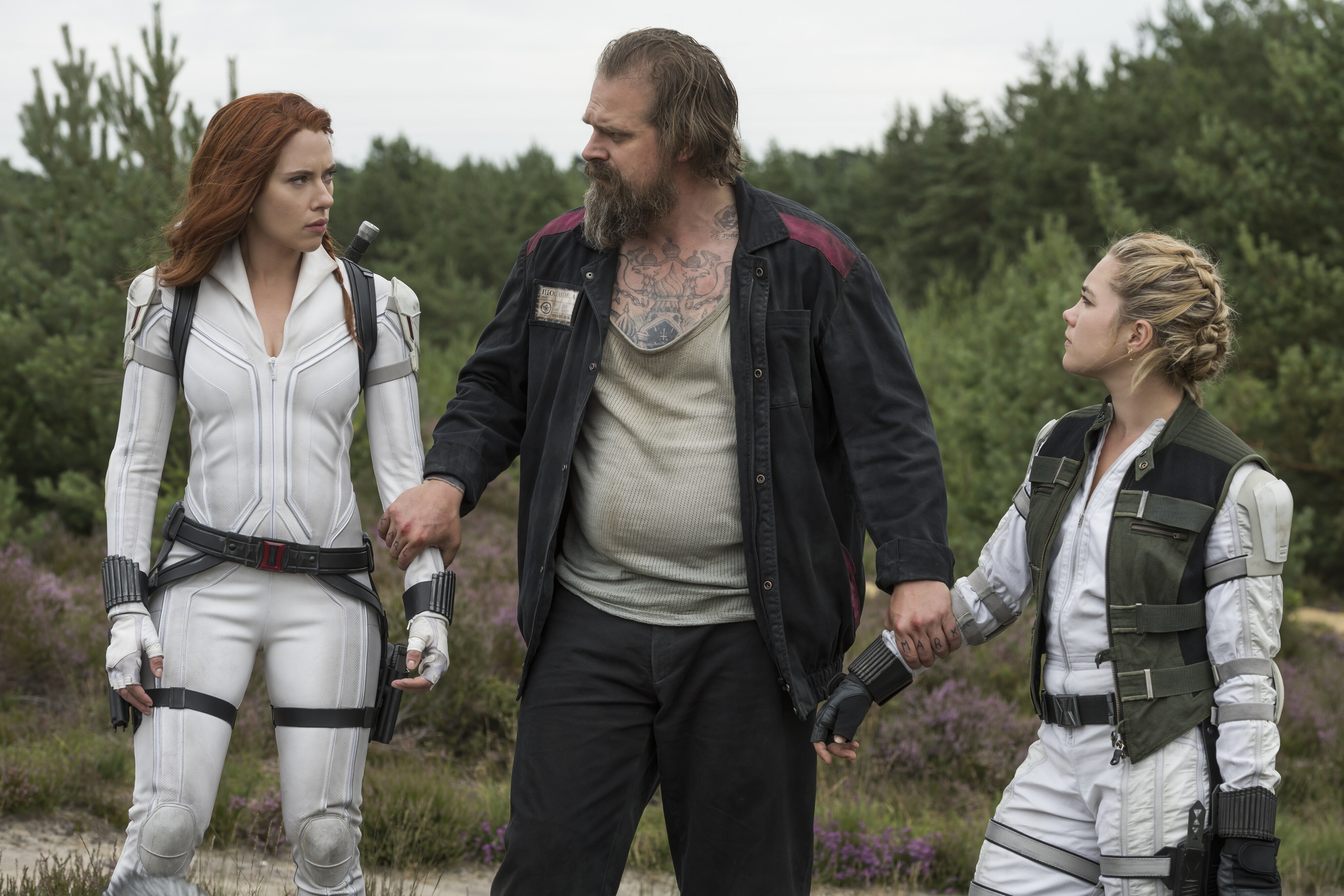 David Harbour, Scarlett Johansson, and Florence Pugh Behind-the-Scenes of Black Widow