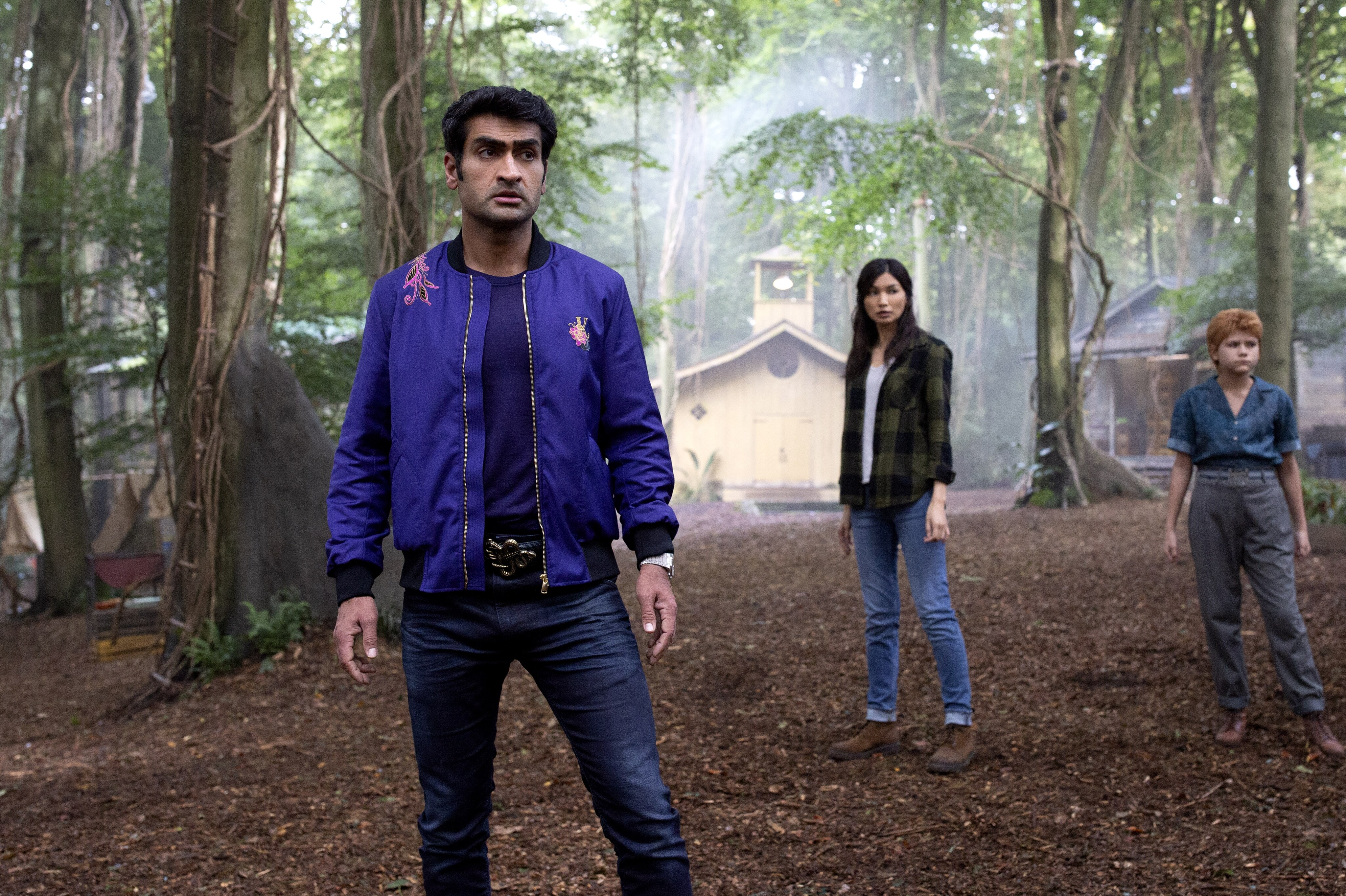 Kingo (Kumail Nanjiani), Sersi (Gemma Chan), and Sprite (Lia McHugh)