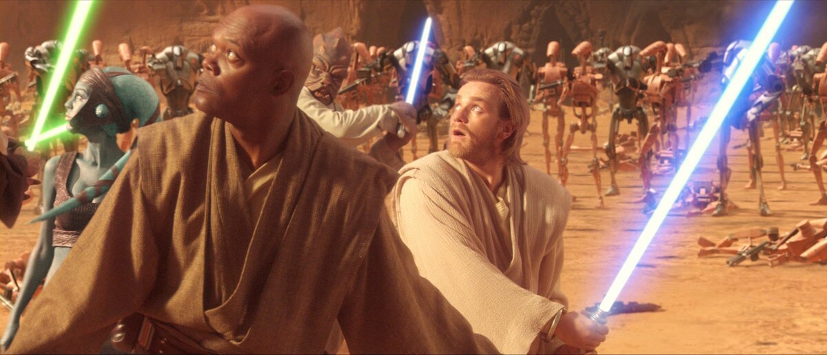 Aayla Secura, Mace Windu, and Obi-Wan Kenobi seemingly defeated on Geonosis