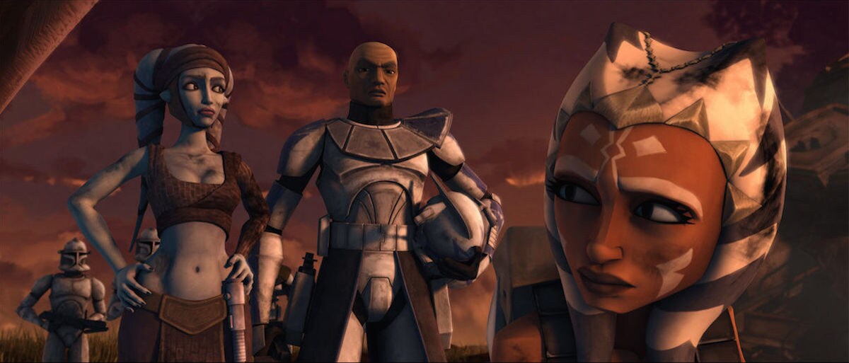 Aayla Secura, Clone Commander Bly, and Ahsoka Tano on Maridun