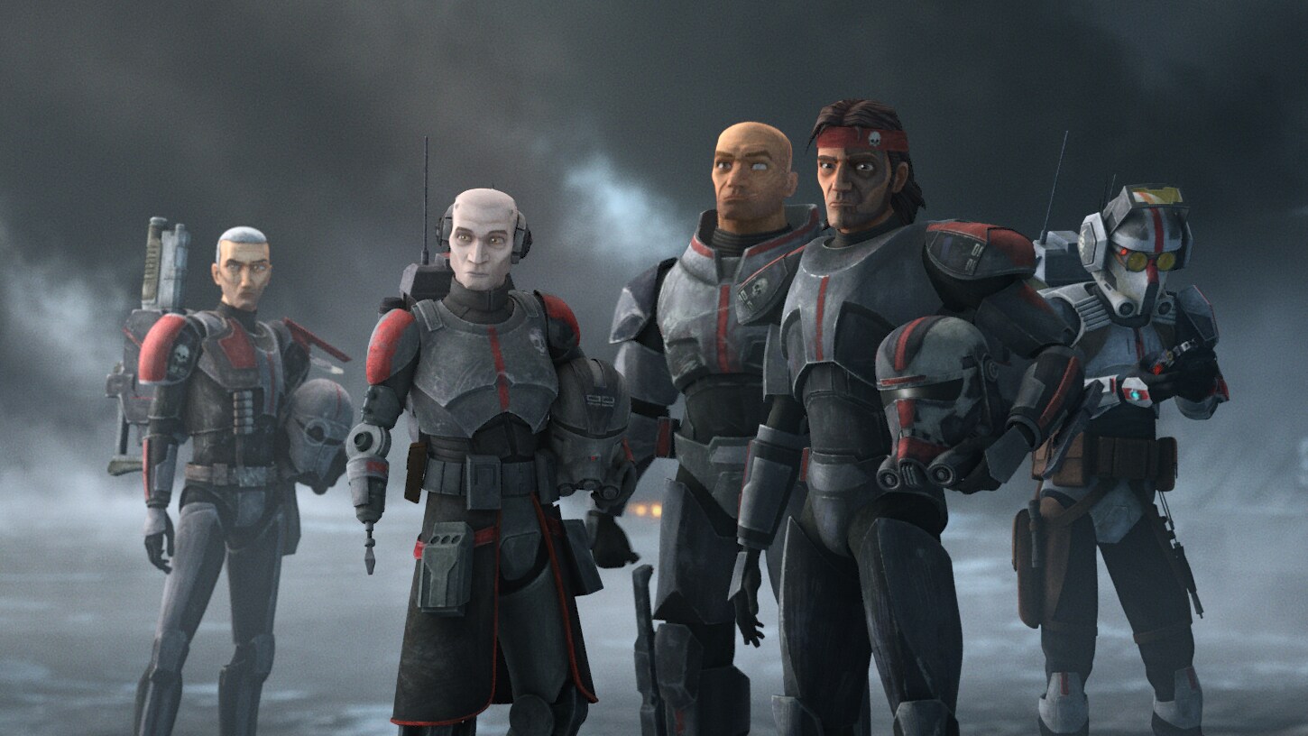 (L-R): Crosshair, Echo, Wrecker, Hunter and Tech in a scene from "STAR WARS: THE BAD BATCH", exclusively on Disney+. © 2021 Lucasfilm Ltd. & ™. All Rights Reserved.