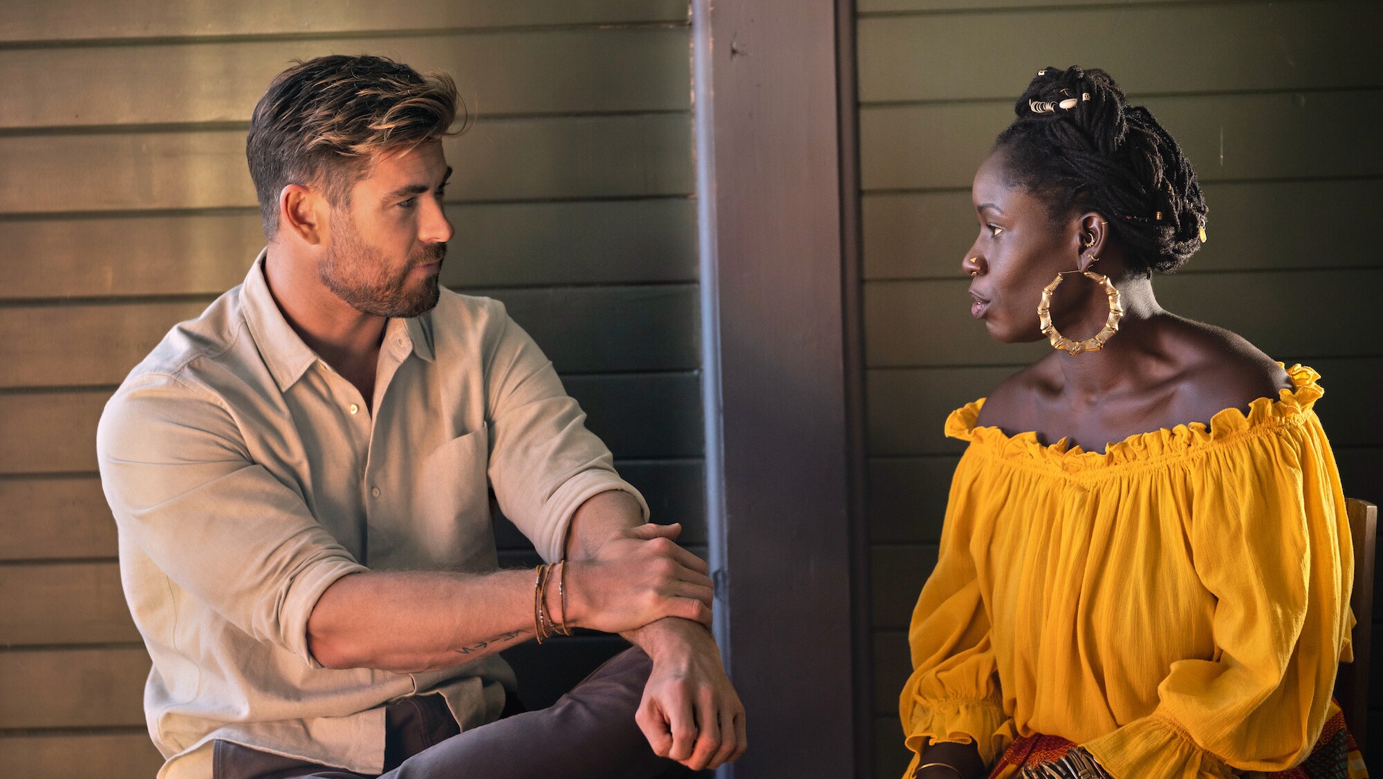 Chris Hemsworth and Alua Arthur discuss accepting death. (National Geographic for Disney+/Craig Parry)