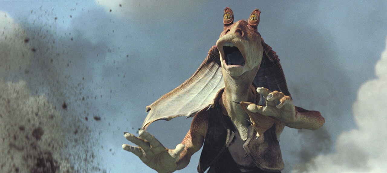 Jar Jar attempts to evade the blasters of a pursuing droid