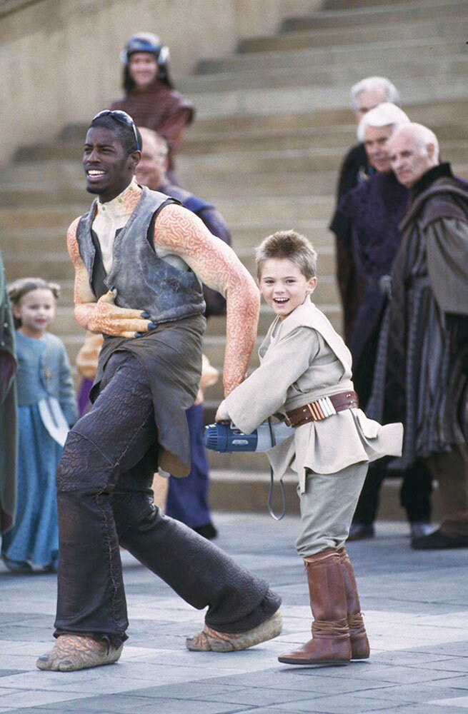 Ahmed Best and Jake Lloyd on the set of The Phantom Menace