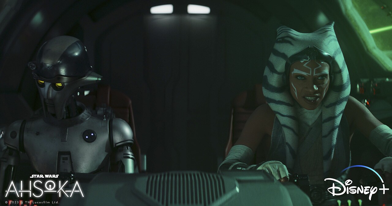 Ahsoka and Huyang fly in their shuttle