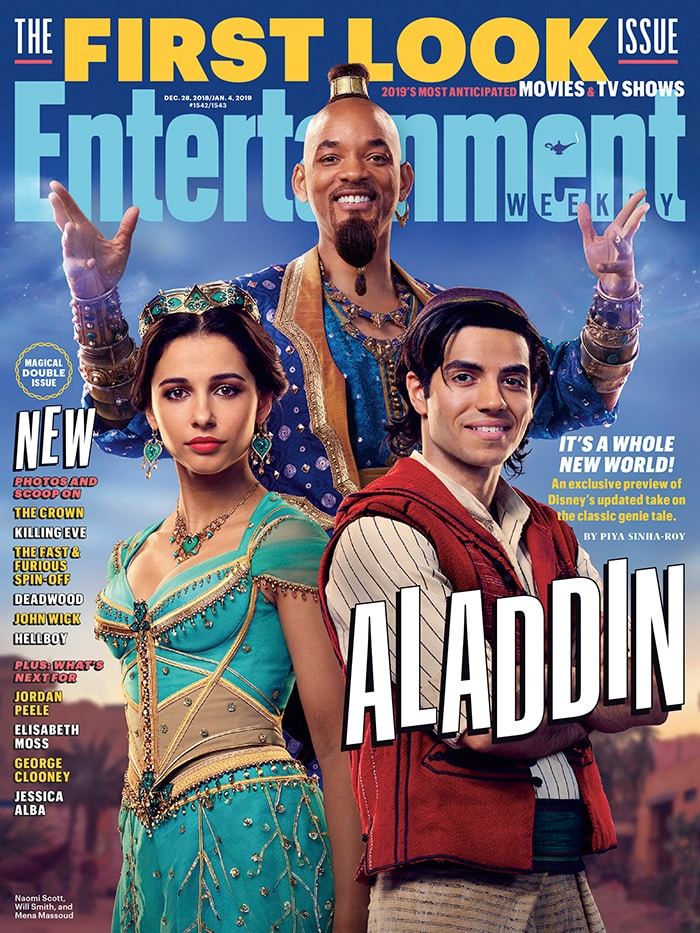 Will Smith as Genie, Naomi Scott as Jasmine, and Mena Massoud as Aladdin on the cover of entertainment weekly magazine
