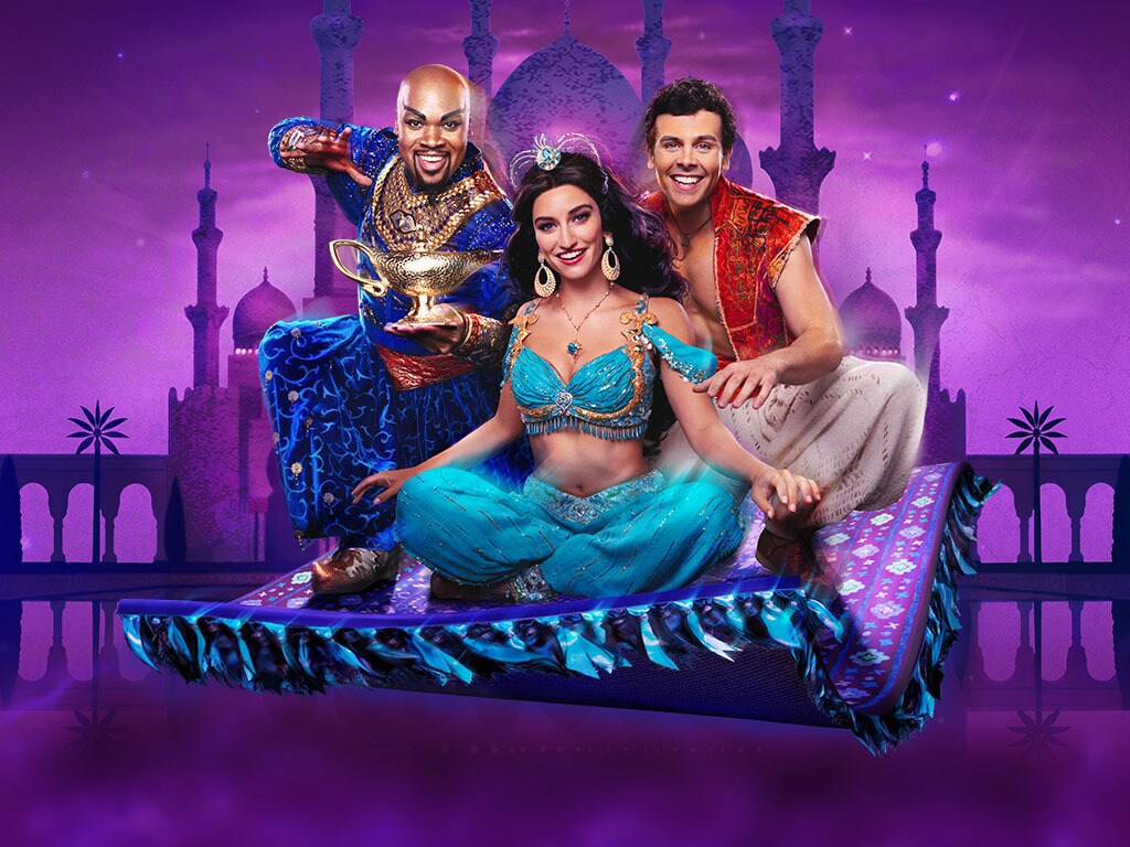 Genie, Jasmine, and Aladdin flying on the Magic Carpet, from the Disney Broadway musical Aladdin.