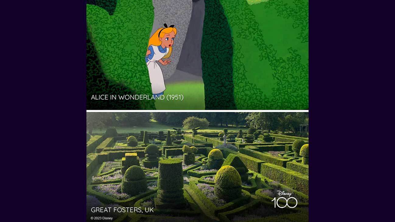 Scene from Alice in Wonderland (1951) and image of Great Fosters, UK
