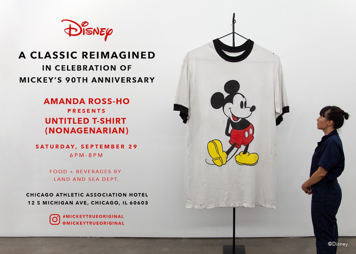 Disney A Classic Reimagined in celebration of Mickey's 90th anniversary; Amanda Ross-Ho presents untitled T-Shirt (nonagenarian)Saturday September 29 6 pm-8pm Food + Beberagesby Land and Sea Dept. Chicago athletic association hotel 12.5 Michigan ave. Chicago, IL 60603 Instagram: #mickeytrueoriginal @mickeytrueoriginal ; image of Amanda Ross-Ho looking at Mickey large Mickey T-Shirt