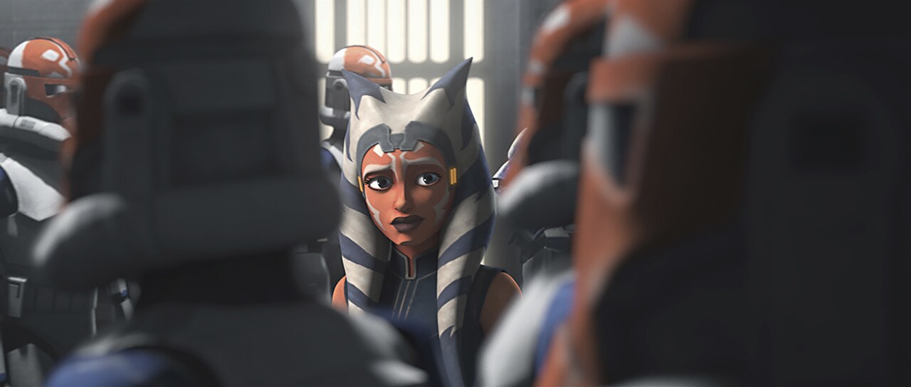 Ahsoka looks around as Captain Rex and the boys have painted their helmets to match Ahsoka’s facial markings.