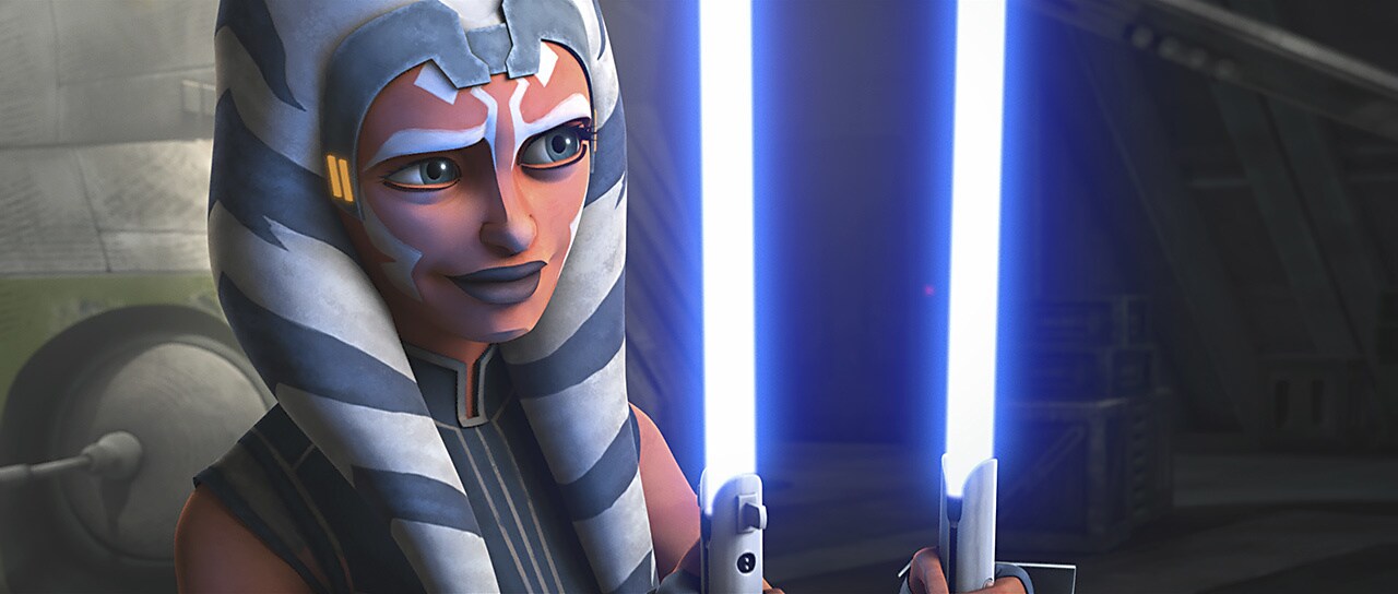 Ahsoka’s lightsabers now glow a brilliant blue.