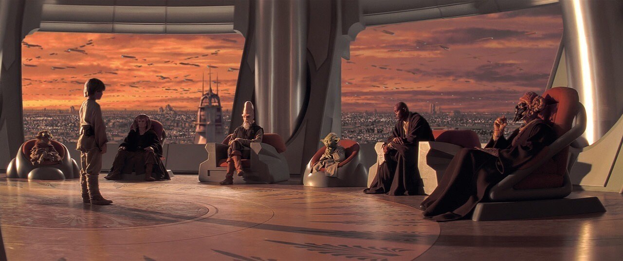 Anakin Skywalker stands before the Jedi Council for evaluation.