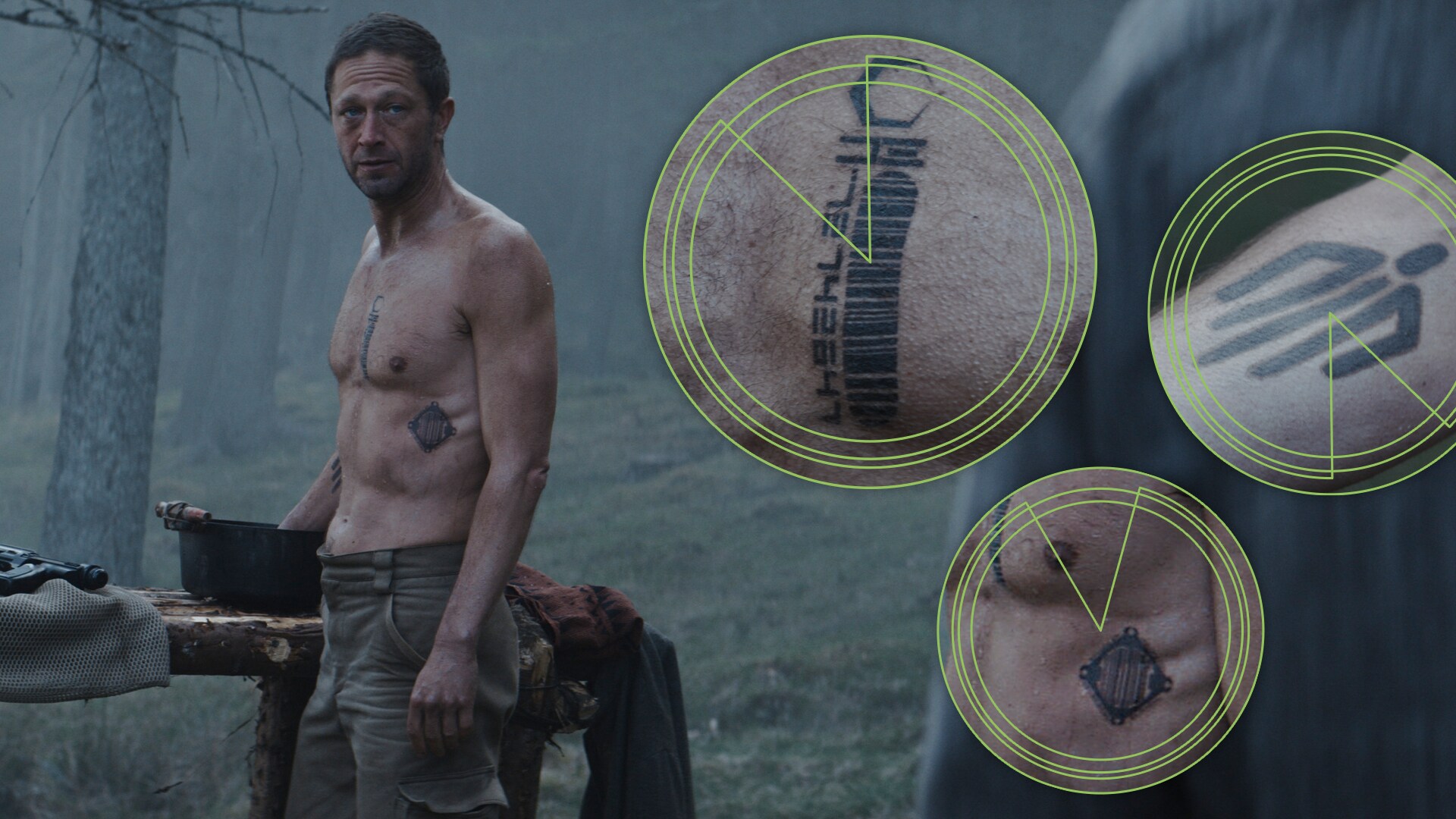 Skeen’s tattoos include Krayt’s Head, with “KH” in aurebesh, and his prison number 72742647 liste...