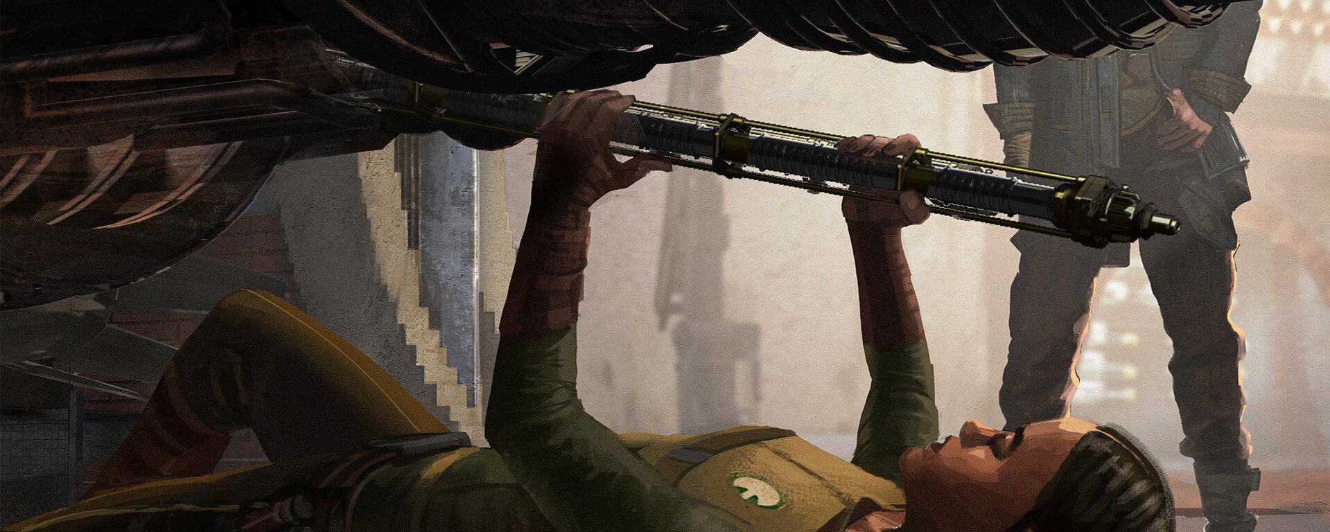 Bix Caleen (Adria Arjona) works on a piece of machinery in concept art by Peter McKinstry.