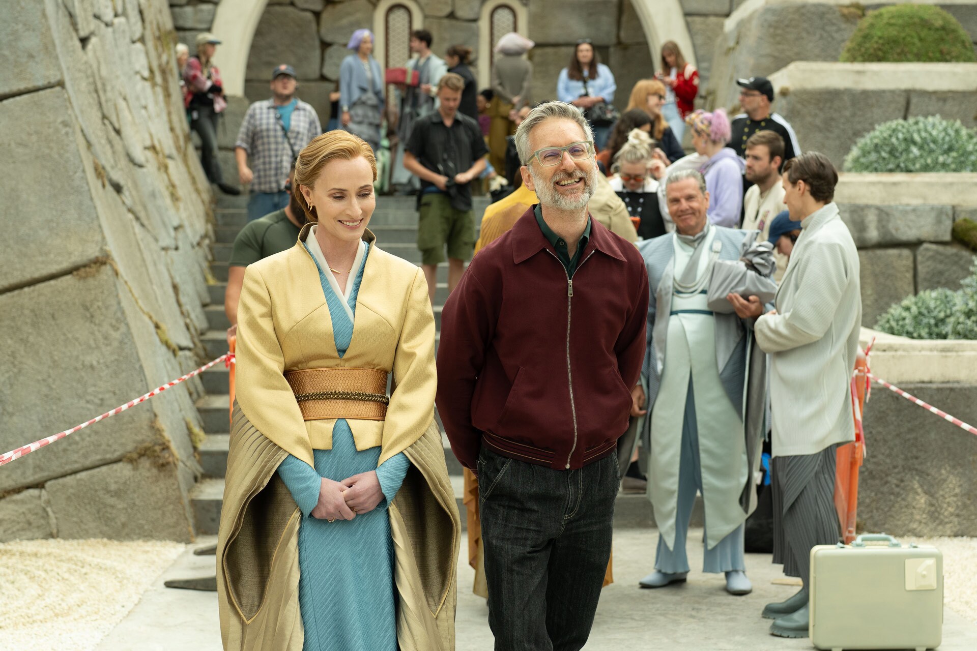 Genevieve O’Reilly and Michael Wilkinson on set for Andor: "One Year Later".