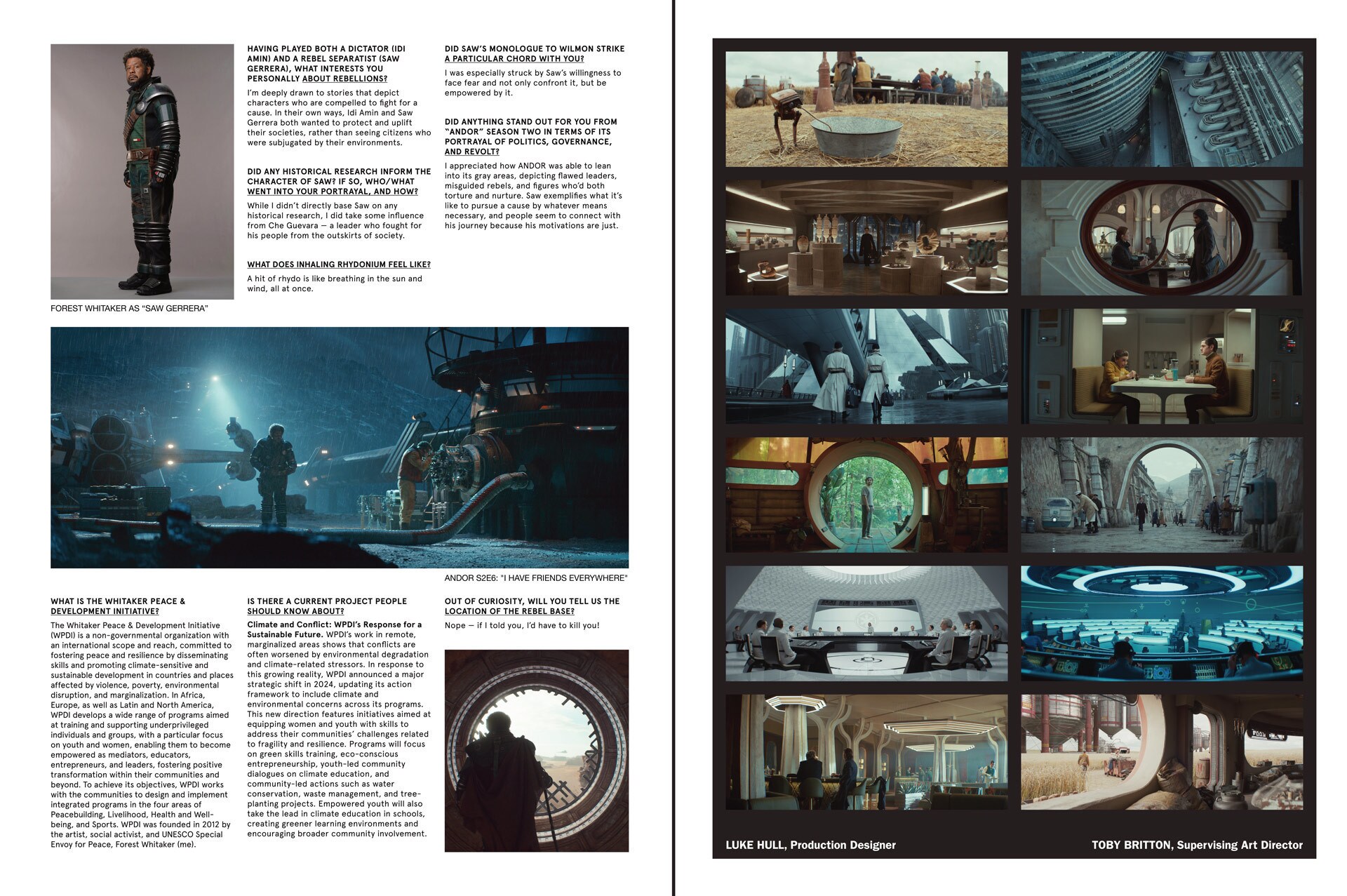 (L) An interview with Forest Whitaker on his portrayal of rebel leader Saw Gerrera. (R) Concept art images from production designer Luke Hull.