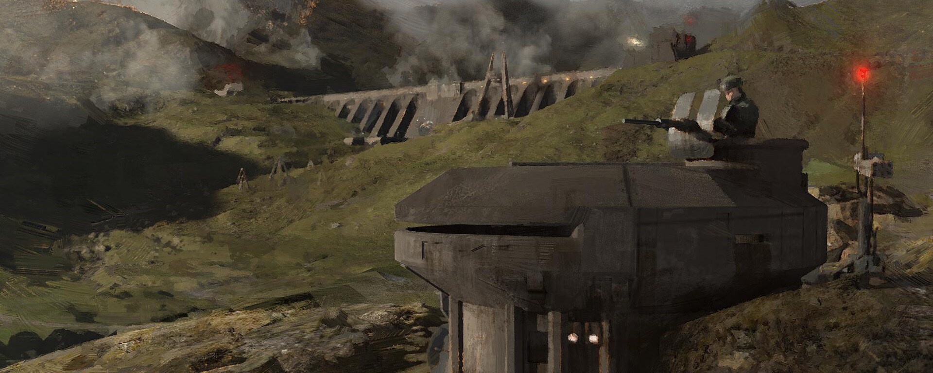 The cold gray of an Imperial outpost sits in stark contrast to the lush green landscape of Aldhani in art by Chester Carr.