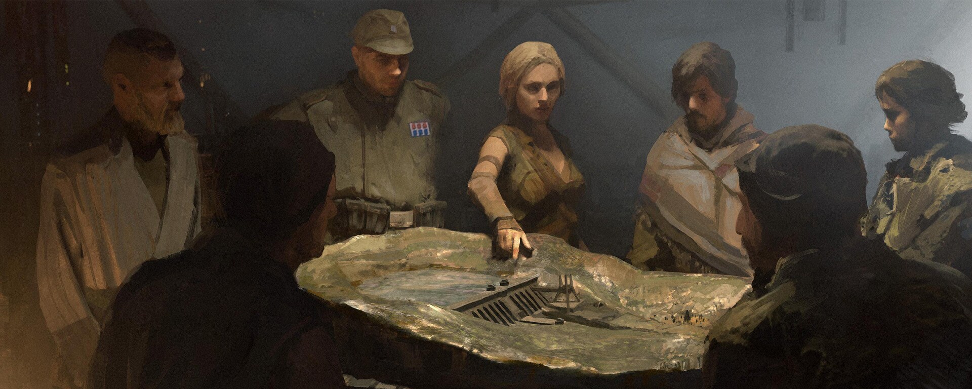 In concept art by Chester Carr, the Aldhani heist crew assembles a plan, later seen in a scene led by Vel Sartha (Faye Marsay).