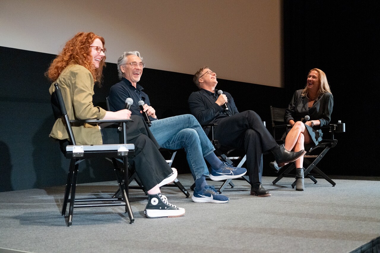 (L-R) StarWars.com’s editor Kristin Baver hosts a panel with Andor creator Tony Gilroy, K-2SO actor Alan Tudyk, and supervising sound editor Margit Pfeiffer at Lucasfilm headquarters in San Francisco.