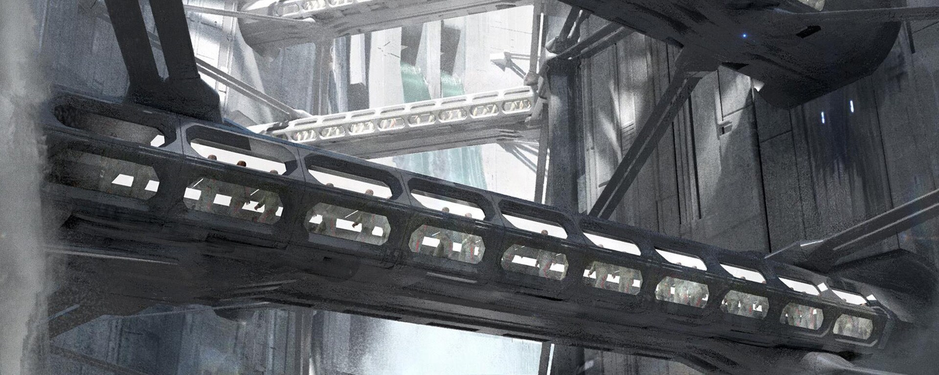 The walkways connecting the cells and work areas within the prison on Narkina 5 changed little from Giorgio Grecu’s concept art to the final moment on screen.
