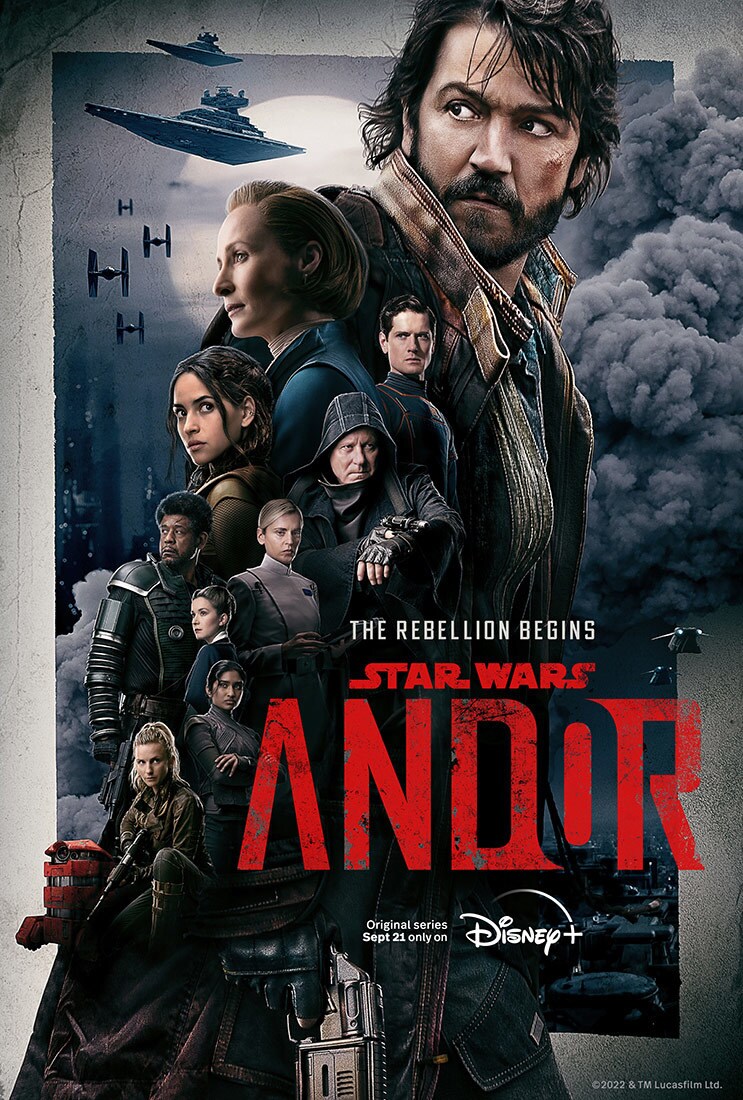 Official poster for Andor. In moody, dark colors, Diego Luna as Cassian Andor takes up the majority of the poster, with the other characters spread along his silhouette