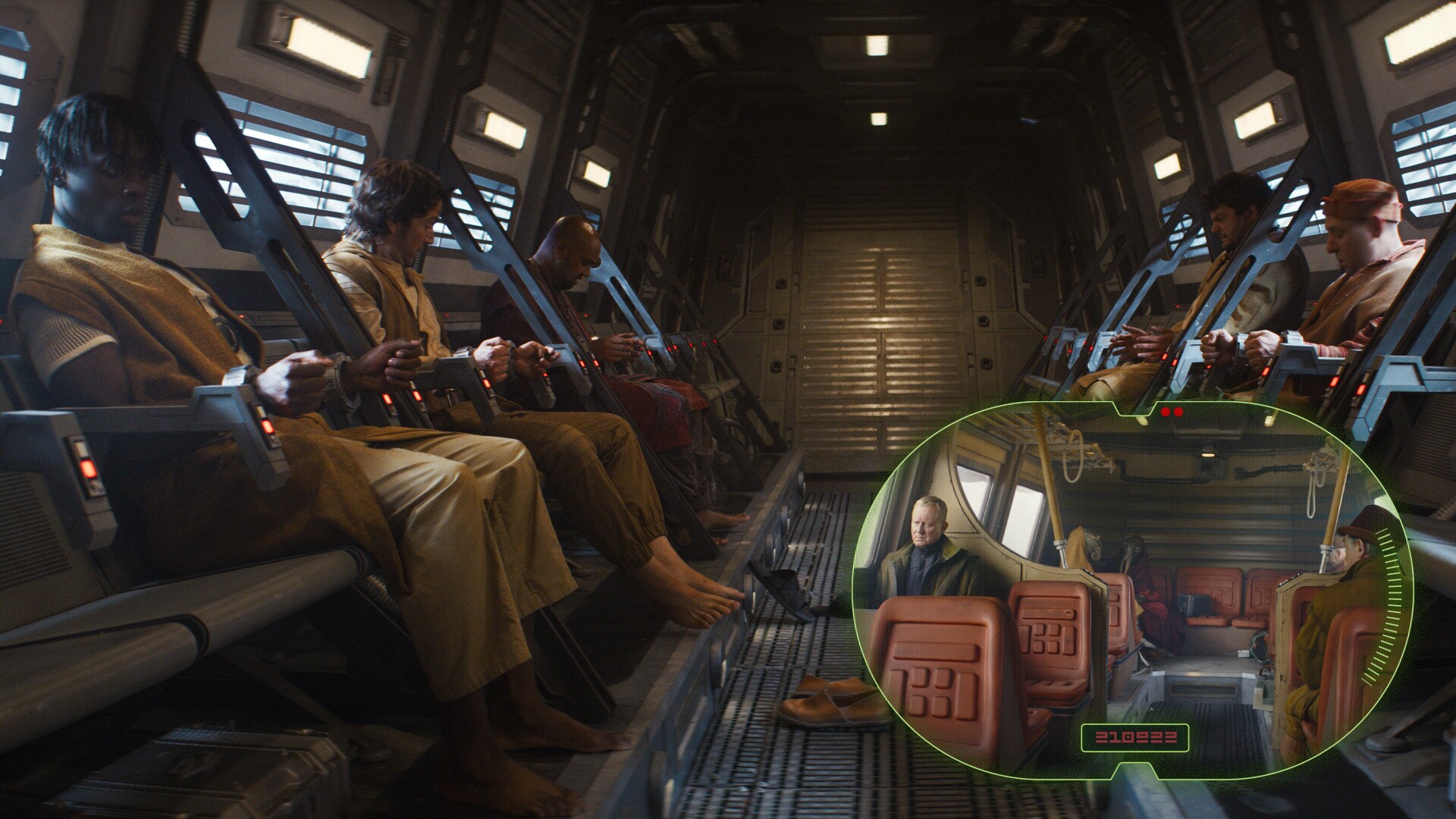 The prison transport ship’s interior was a revamp of the buyer’s ferry that Luthen rides into tow...