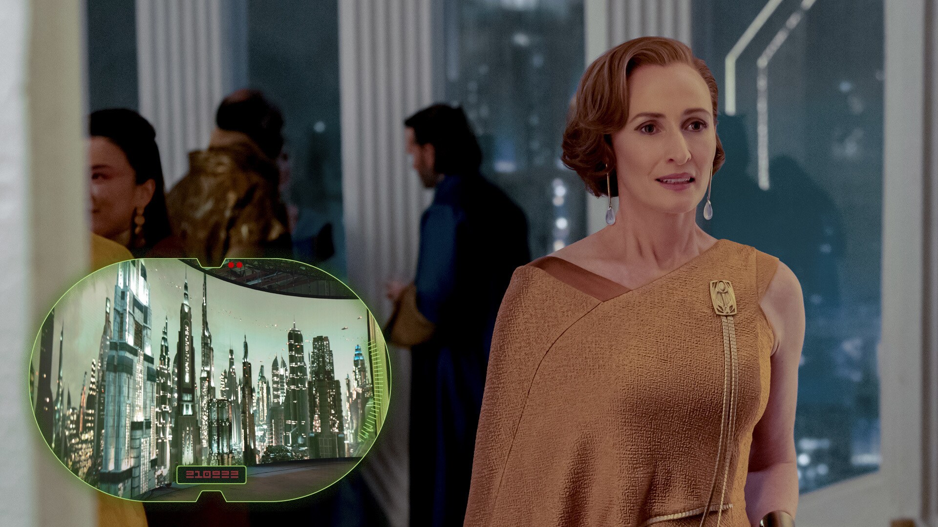 ILM StageCraft was used outside of the windows of the Chandrilan Embassy, capable of simulating fog, rain, clear weather, and lanes of flying traffic, all at four different times of day and controllable with an iPad.