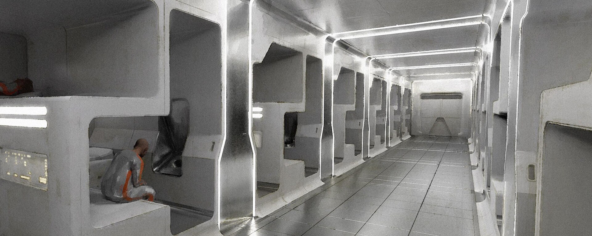 The cell block on Narkina 5 is stark and brightly lit in concept art by Chester Carr.