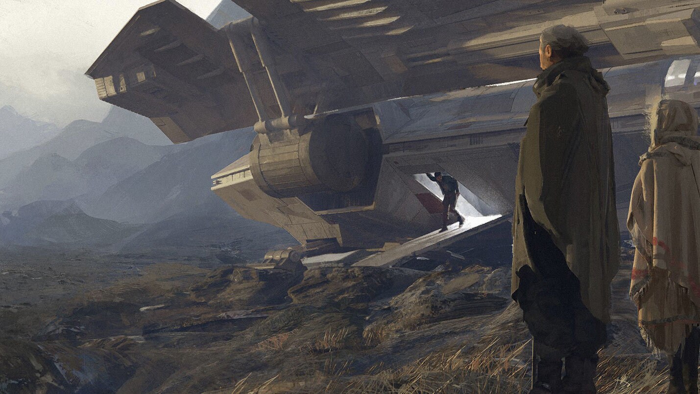 Concept art of Cassian leaving Luthen's ship by Chester Carr.