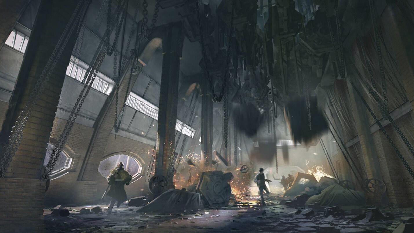 Concept art of Luthen and Cassian escaping an abandoned building by Scott McInnes.