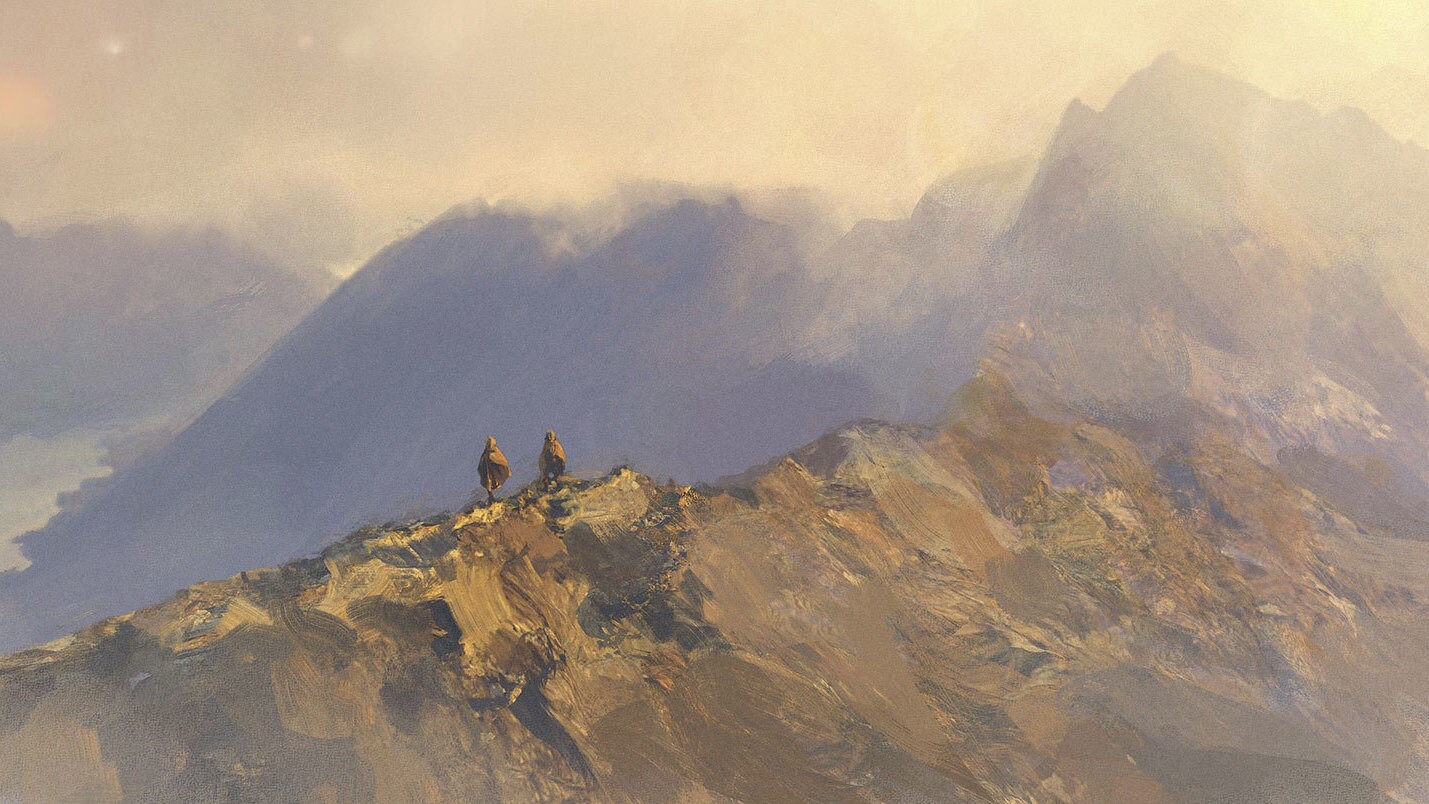 Concept art of the Aldhani mountains by Chester Carr.