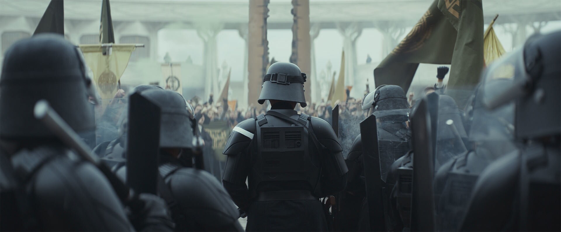 The Empire arrives at the Ghorman riot.