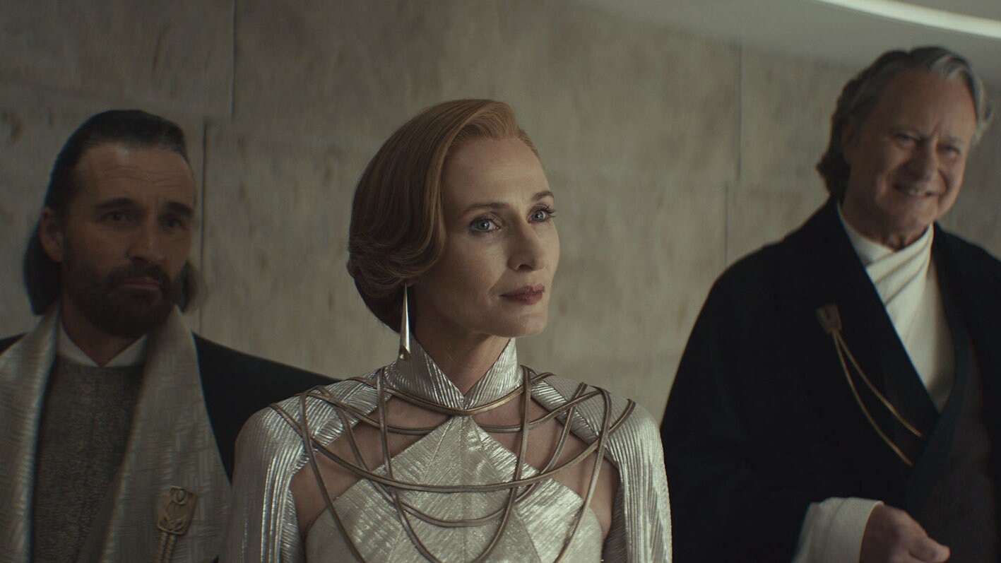 (L-R) Perrin Fertha (Allistair Mackenzie), Mon Mothma (Genevieve O'Reilly) and Luthen Rael (Stell...