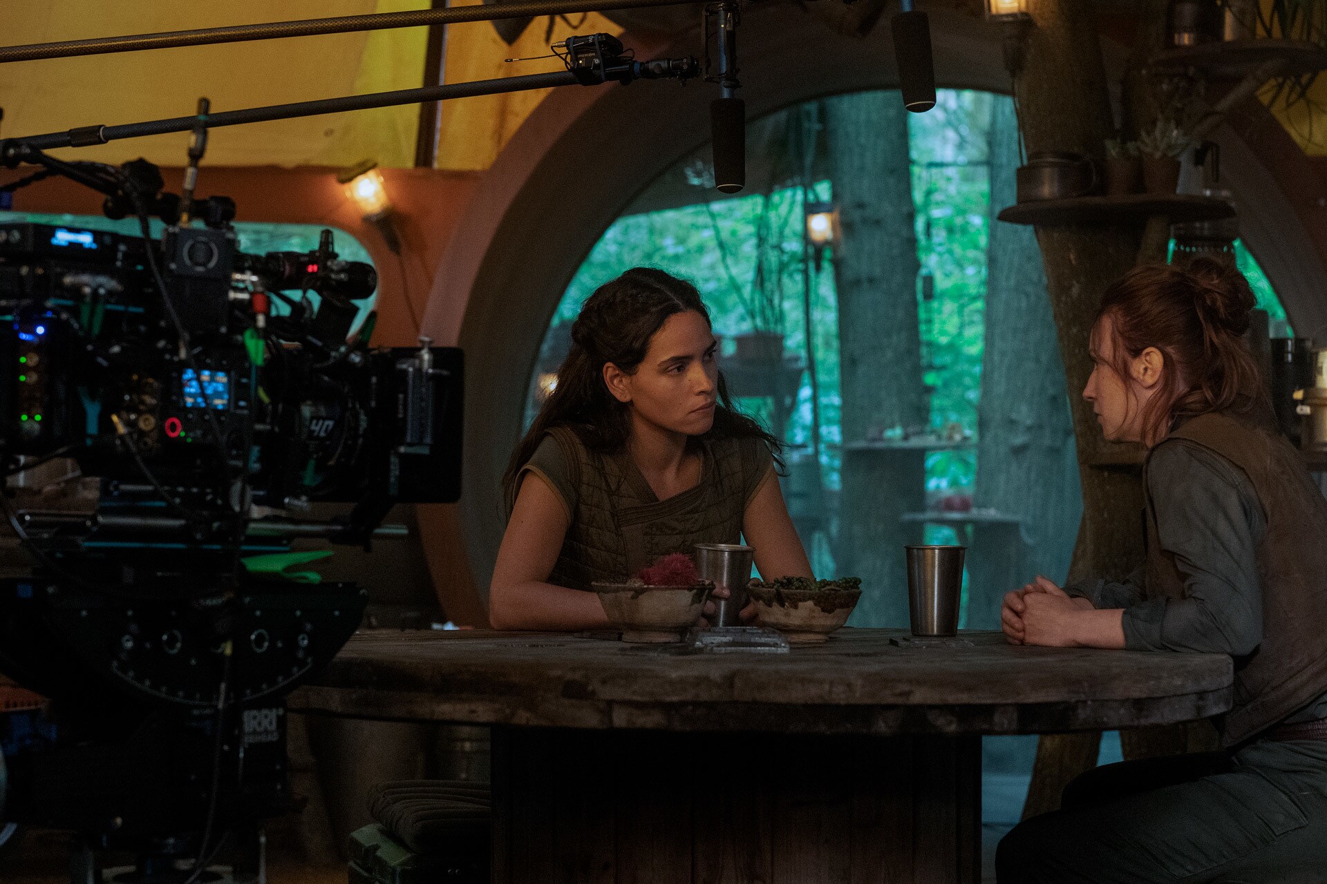 Adria Arjona and Faye Marsay on the set of Andor season 2.