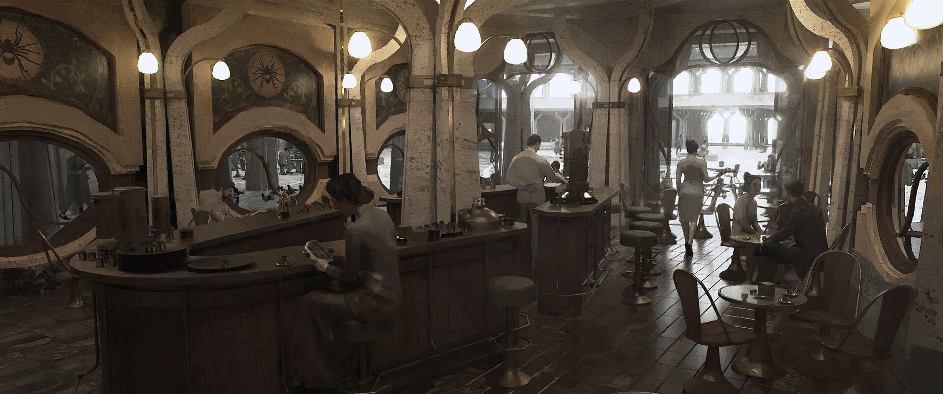 Concept art of the Ghorman cafe by Chester Carr.