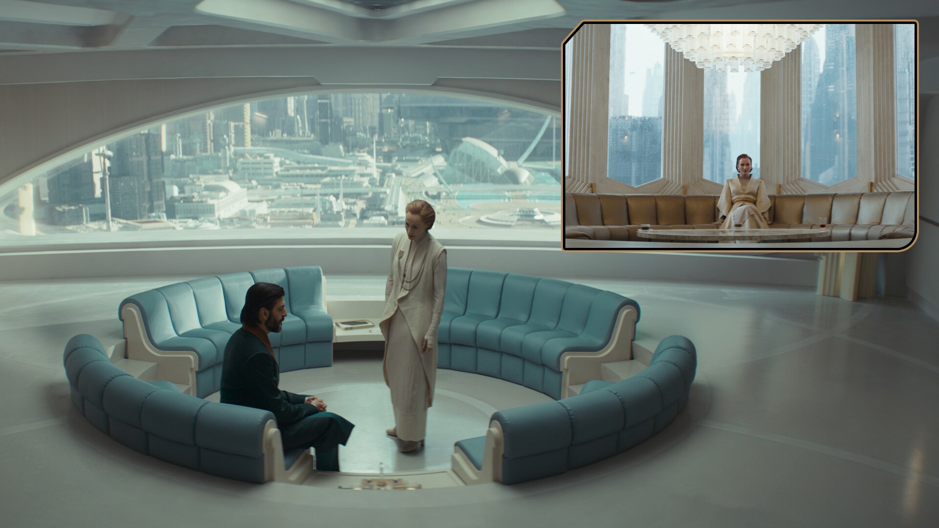 Mon Mothma’s senate office was a reupholstered sofa from the Chandrilan Embassy in Andor Season 1.