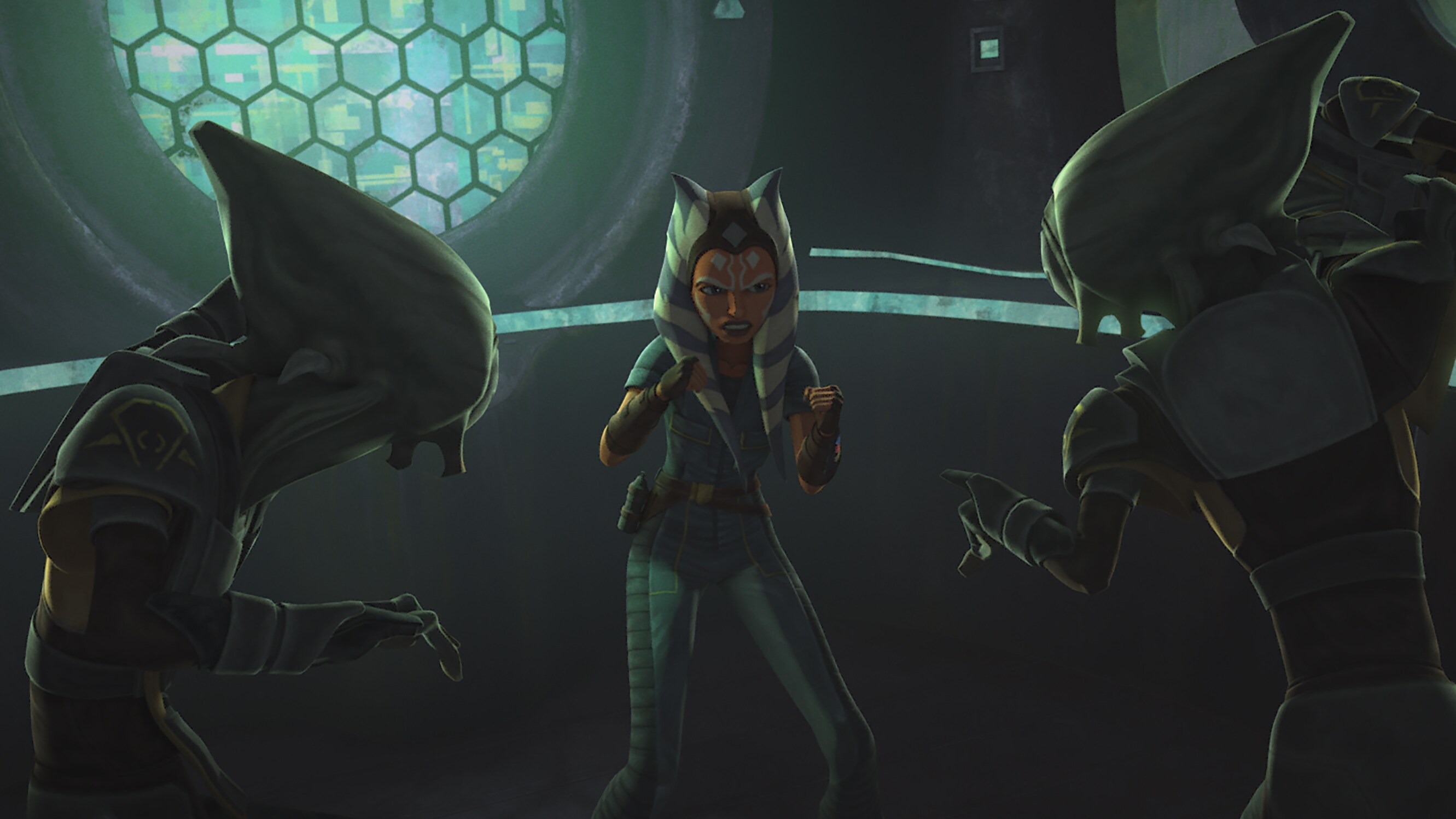 Ahsoka defends herself against the Pykes in STAR WARS: THE CLONE WARS, exclusively on Disney+.