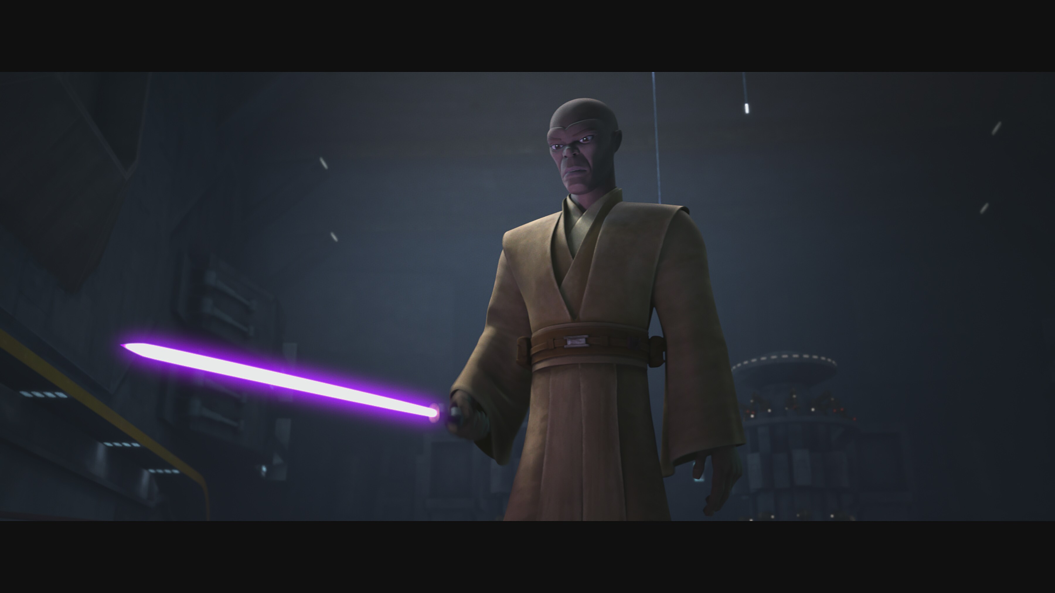 Jedi Mace Windu addresses the battle droids in STAR WARS: THE CLONE WARS, exclusively on Disney+.