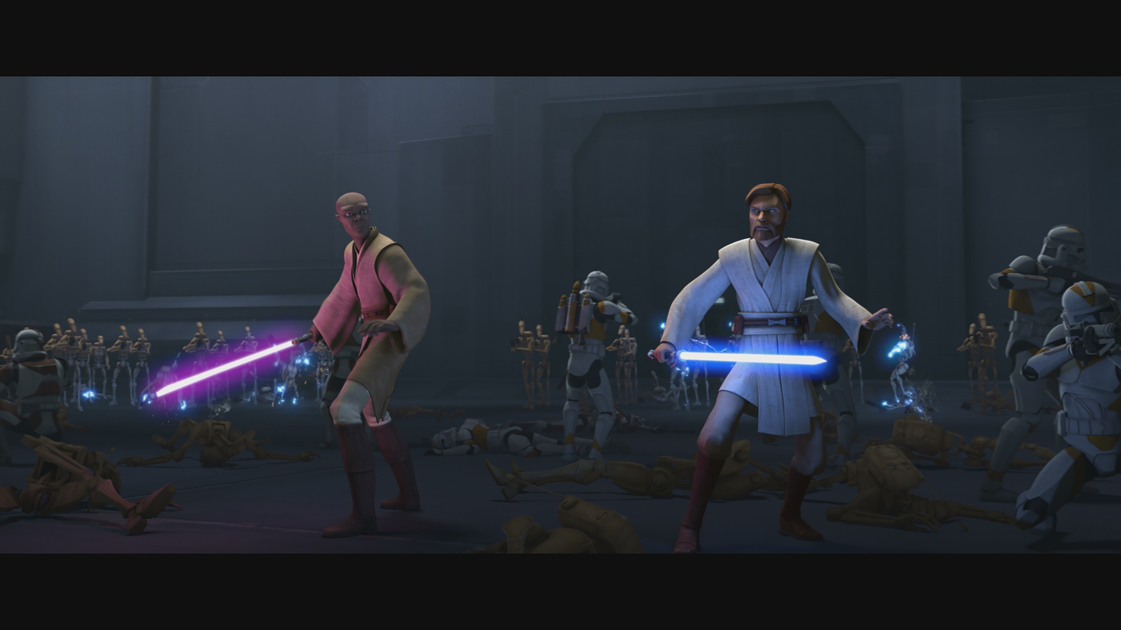 Jedi Mace Windu and Obi-Wan Kenobi lead an attack against Separatist forces in STAR WARS: THE CLONE WARS, exclusively on Disney+.