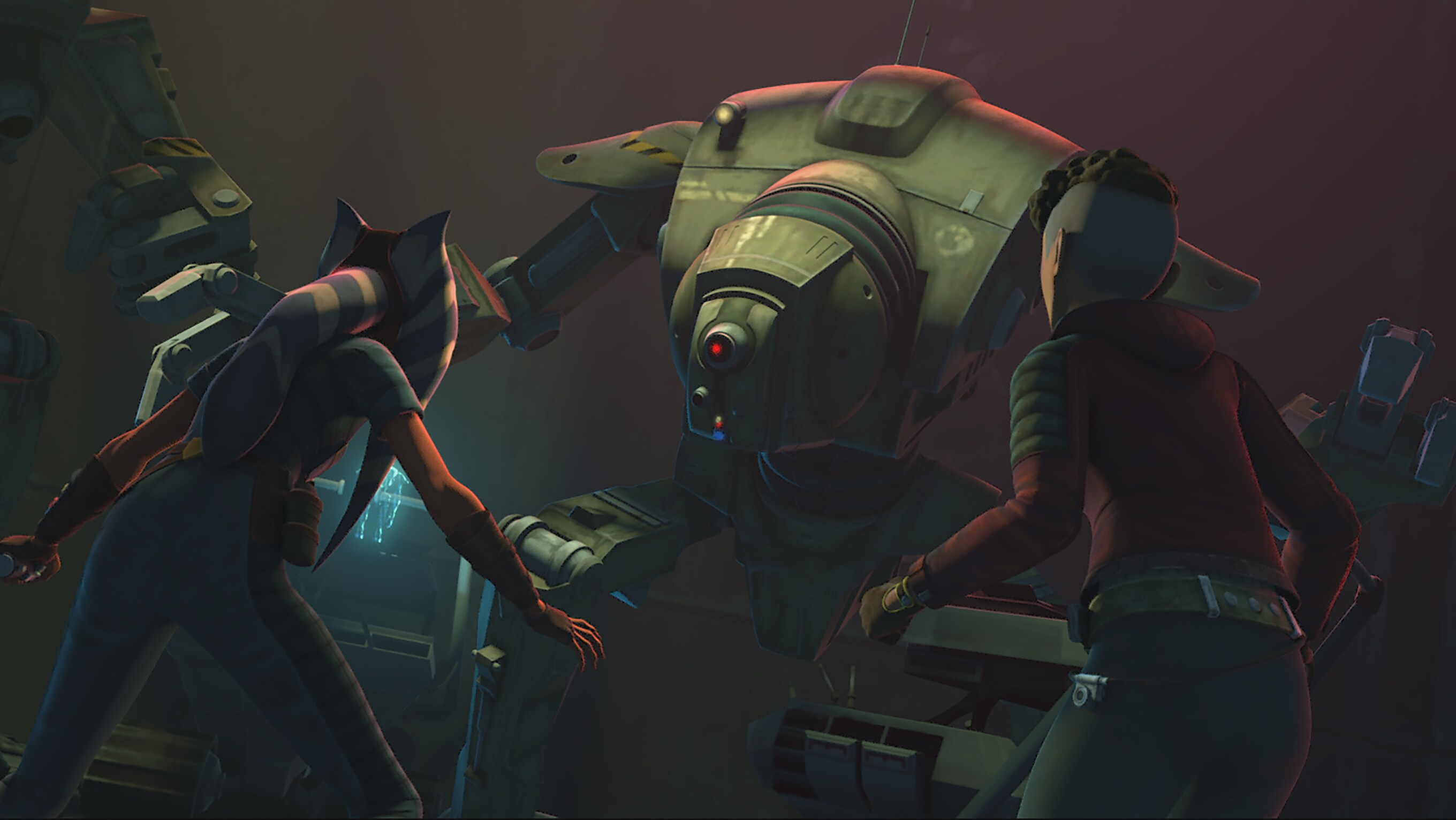 Ahsoka Tano and Trace Martez work together to disable a dangerous droid in STAR WARS: THE CLONE WARS, exclusively on Disney+.
