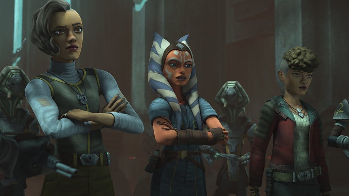 Rafa, Ahsoka and Trace are questioned by the Pykes in STAR WARS: THE CLONE WARS, exclusively on Disney+.