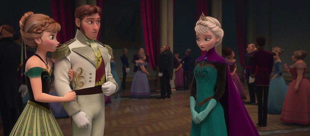 Animated characters Anna, Hans and Elsa from the film 