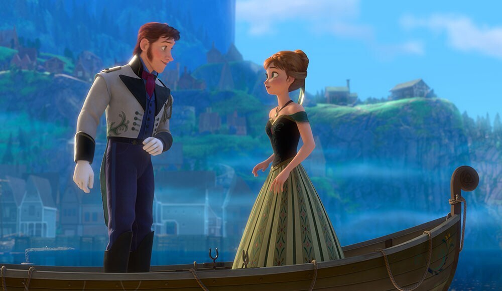 Animated characters Hans and Anna on a boat from the film "Frozen"