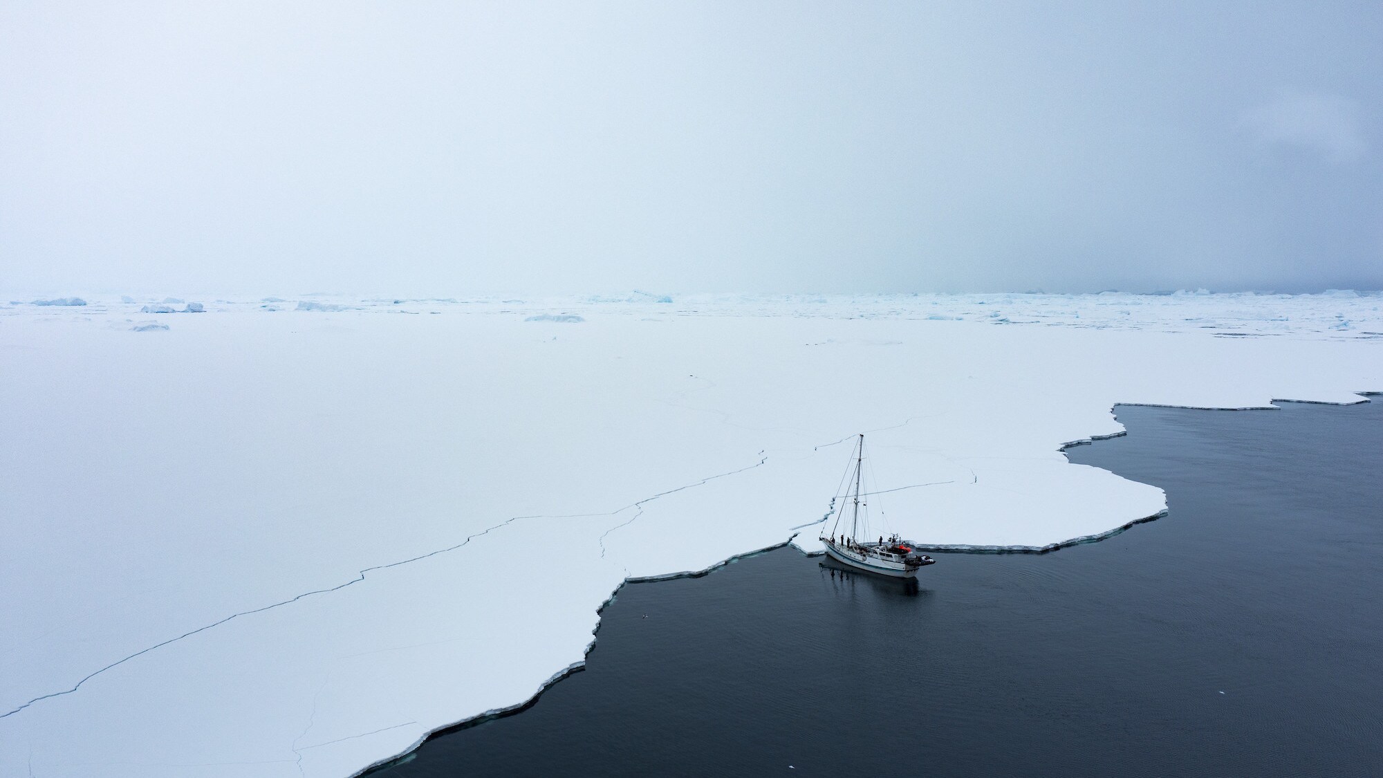 Aerial shot of the Australis at the edge of the ice. (credit: National Geographic for Disney+/Bertie Gregory)