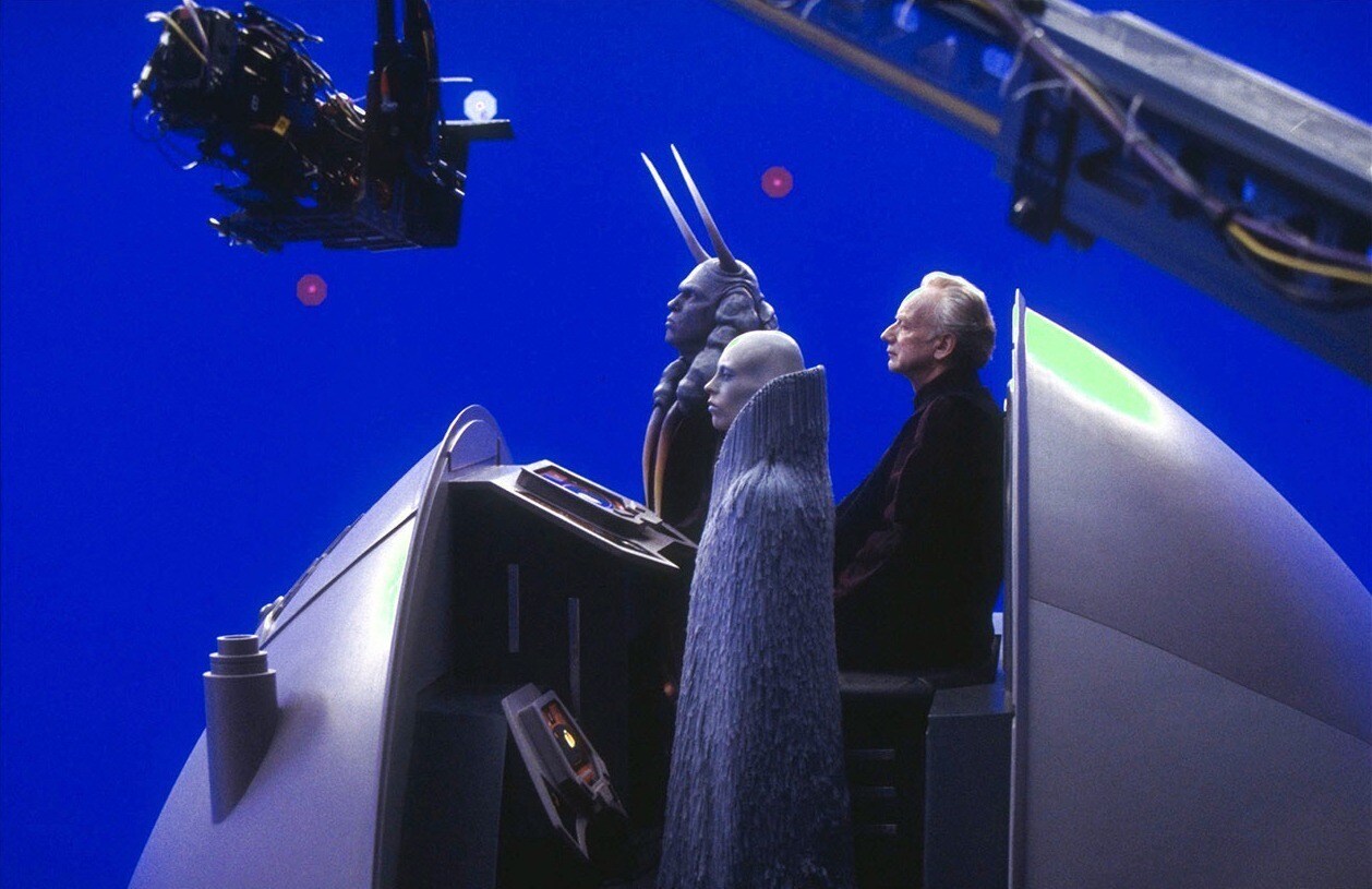 A BTS image of Chancellor Palpatine in the Senate Chamber