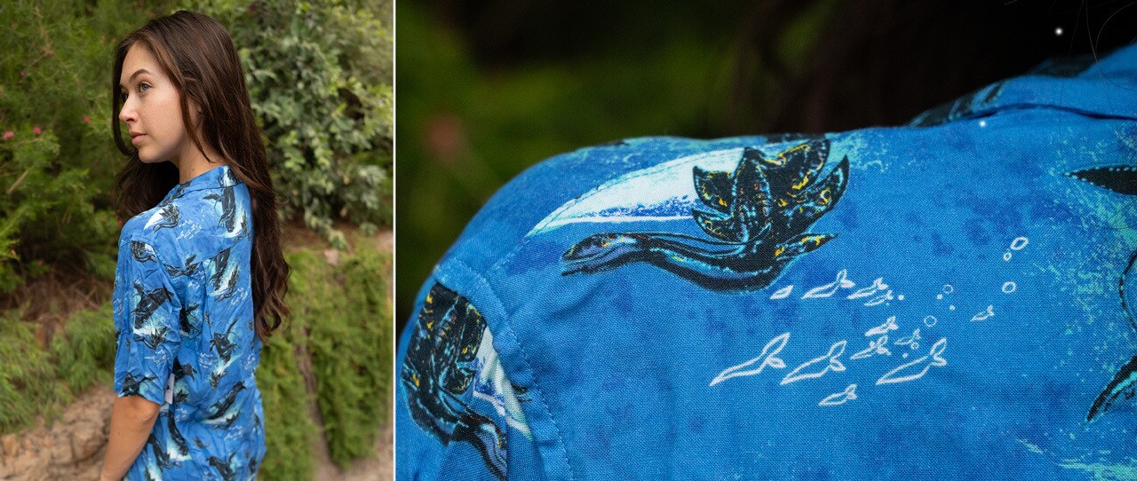 Ilu and Tulkun Button Up Ilu and Tulkun Button Up - Celebrate the ocean creatures of Pandora with this button-up inspired by Avatar: The Way of Water. Featuring the playful ilu and the majestic tulkun, this design brings the beauty of the Metkayina's world to your wardrobe.