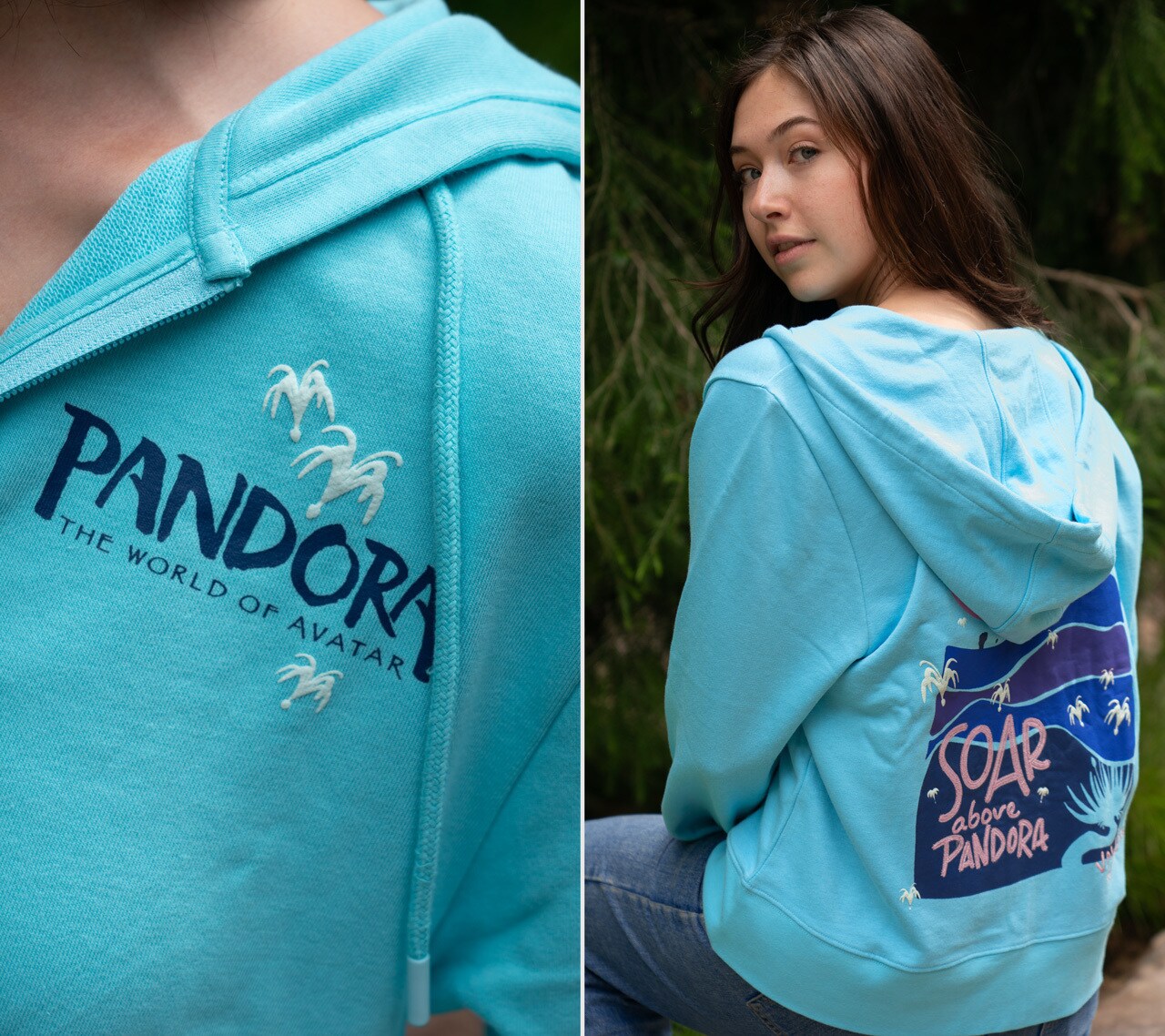 Soar Above Pandora Glow Hoodie Soar Above Pandora Glow Hoodie - Soft light blue sets the perfect backdrop for Pandora's sacred woodsprites on this enchanting zip-up hoodie. The delicate seeds float across the front and back, creating a serene daytime look that transforms into glowing magic after dark.