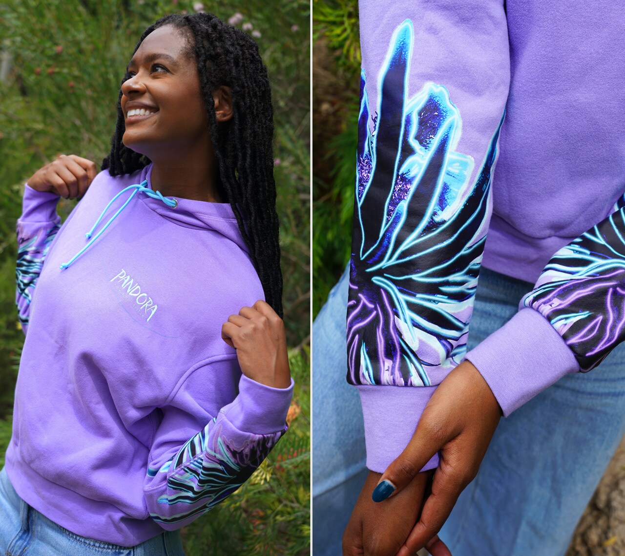 Flora Glow Hoodie Flora Glow Hoodie - Step into the bioluminescent world of Pandora with this purple hoodie inspired by concept art from Avatar's Dylan Cole. The design dazzles by day and glows at night, just like the bioluminescent world of the film!